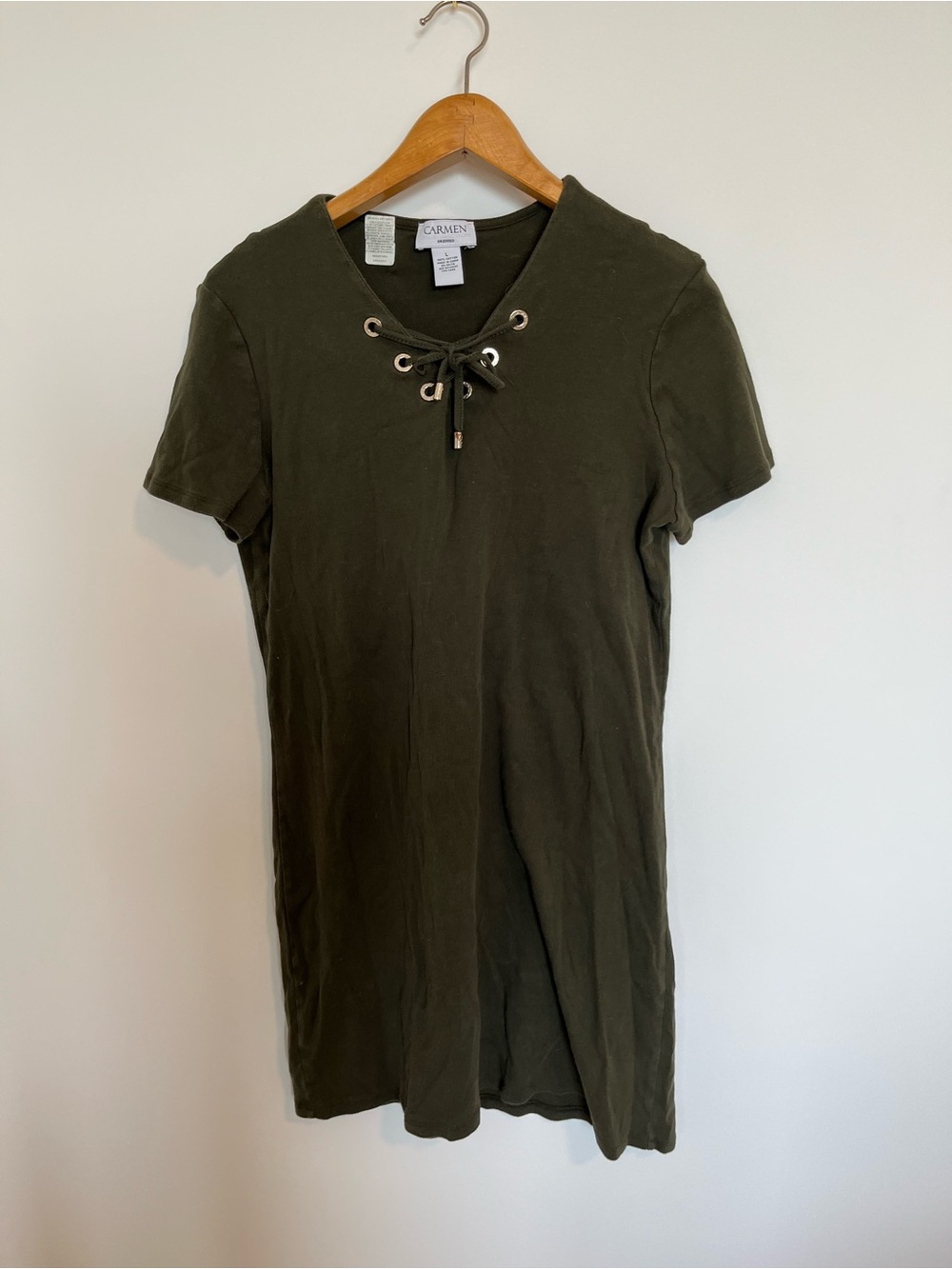 Carmen Marc Valvo Olive Lace-Up Short Sleeve dress 100% cotton